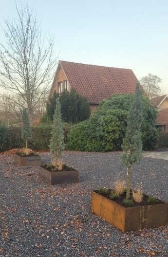 Plantekasser og højbed i have med beplantning